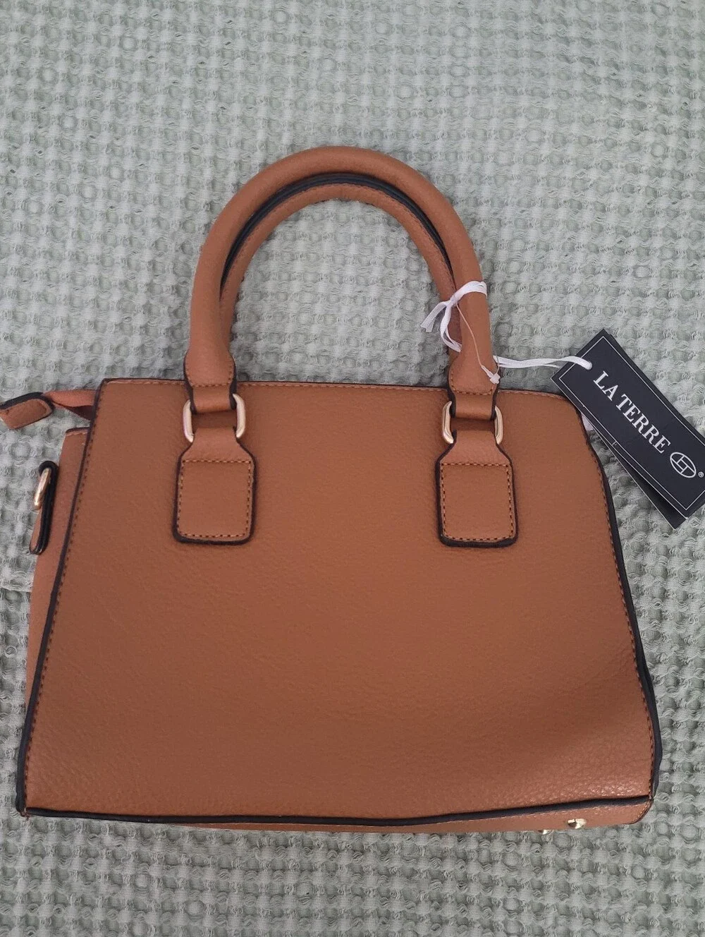 LA TERRE Cognac Vegan Leather Satchel Gold Padlock NWT Crossbody